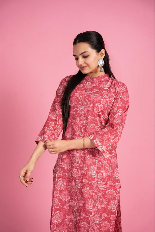 Ekisha women's light red beautiful designer printed floral printed straight kurta kurti - Ekisha