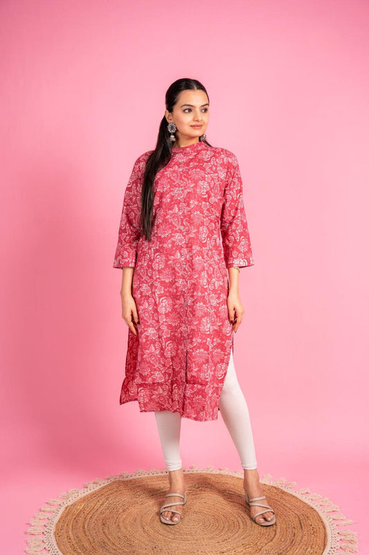 Ekisha women's light red beautiful designer printed floral printed straight kurta kurti - Ekisha