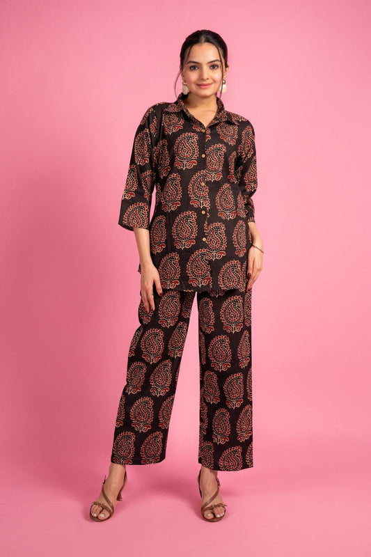 Ekisha's women black floral beautiful multicolor floral printed cotton co-ord set lounge wear - Ekisha