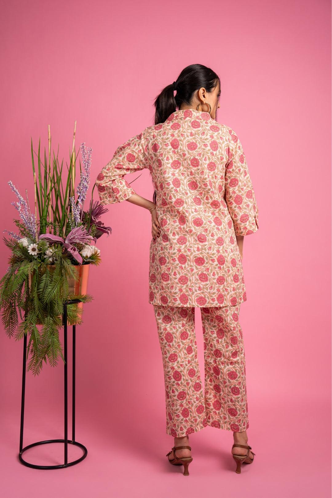 Ekisha's women peach floral beautiful multicolor floral printed cotton co-ord set lounge wear, back view