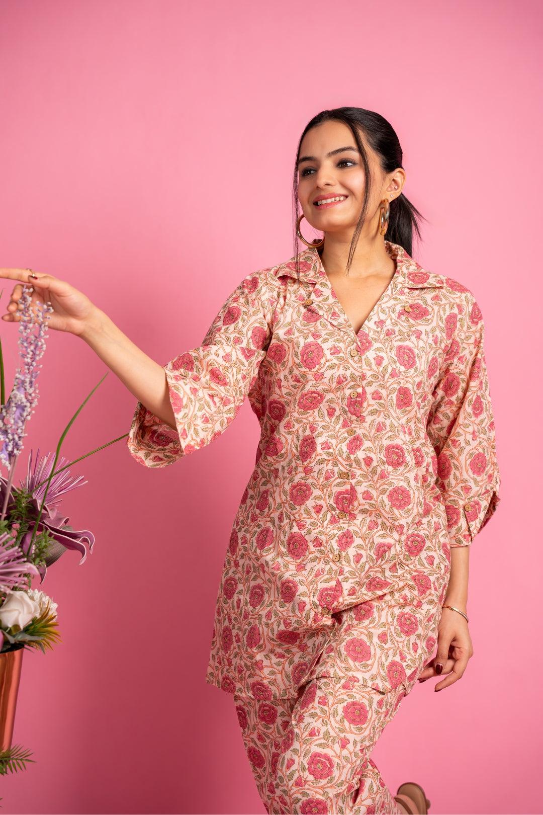 Ekisha's women peach floral beautiful multicolor floral printed cotton co-ord set lounge wear, front view