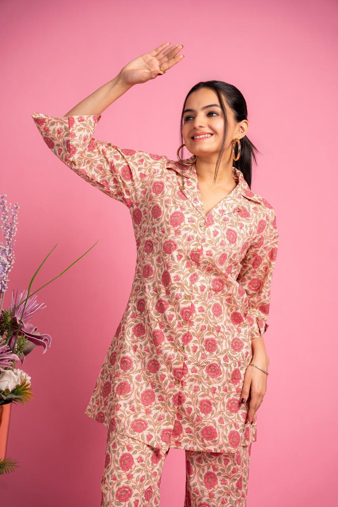 Ekisha's women peach floral beautiful multicolor floral printed cotton co-ord set lounge wear, front view 5