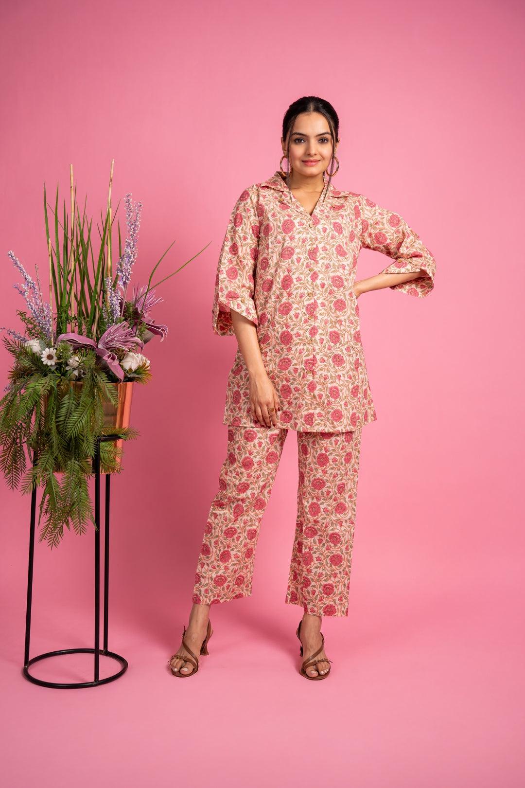 Ekisha's women peach floral beautiful multicolor floral printed cotton co-ord set lounge wear, front view 2