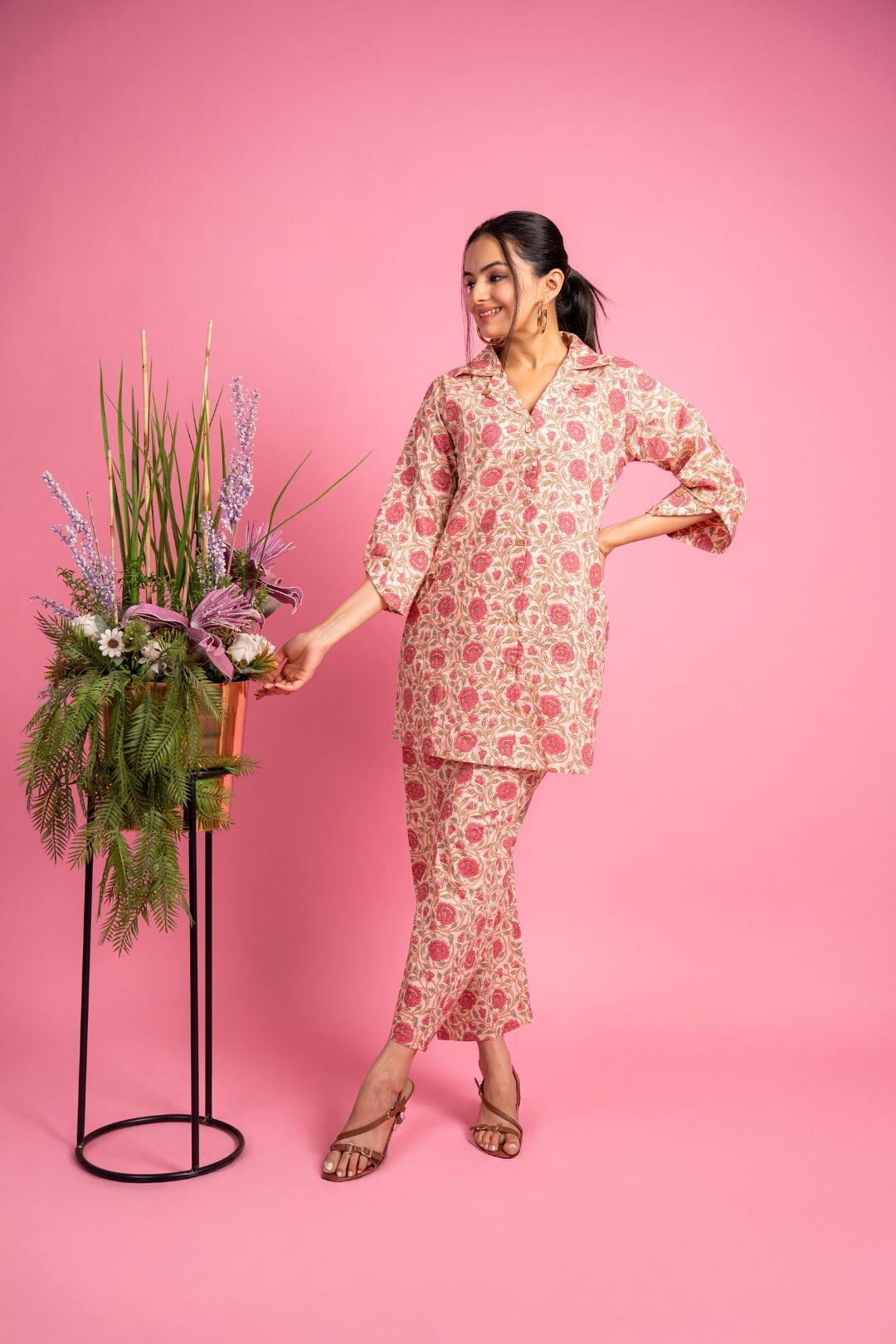 Ekisha's women peach floral beautiful multicolor floral printed cotton co-ord set lounge wear, front view 3