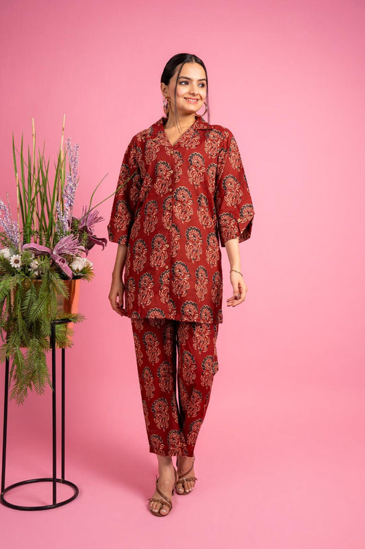 Ekisha's women maroon ajrak multicolor floral printed cotton co-ord set lounge wear - Ekisha