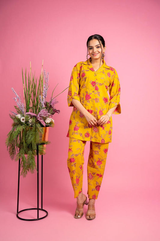 Ekisha's women yellow multicolor floral printed cotton co-ord set lounge wear - Ekisha