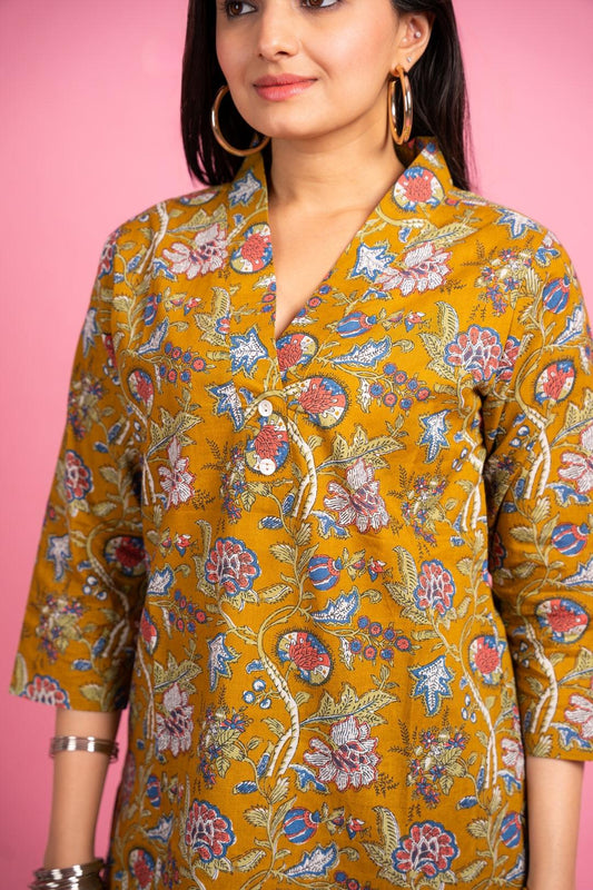 Ekisha's women designer mustard floral multicolor cotton tunic top short kurti - Ekisha