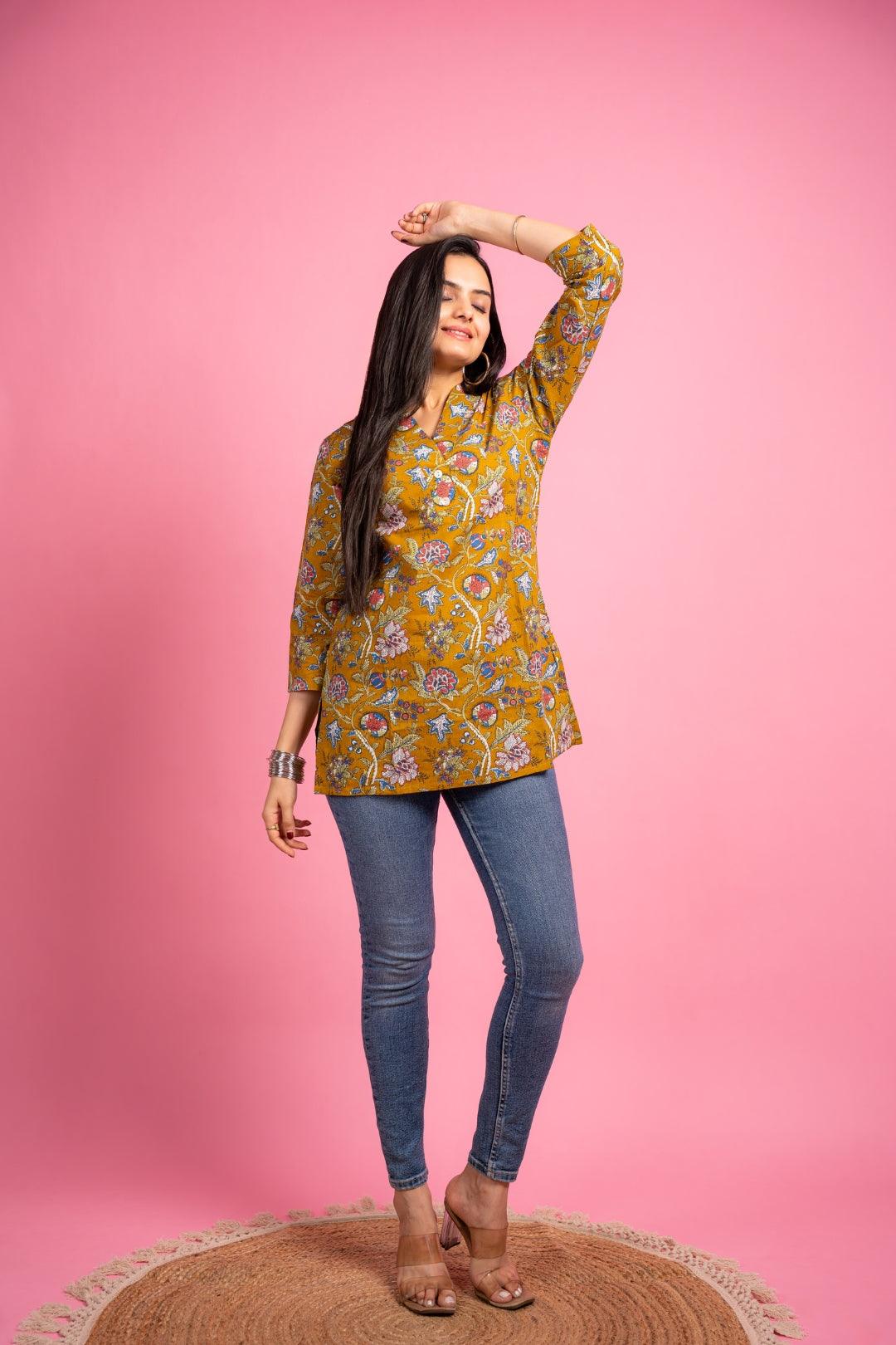 Ekisha's women designer mustard floral multicolor cotton tunic top short kurti, front view 2