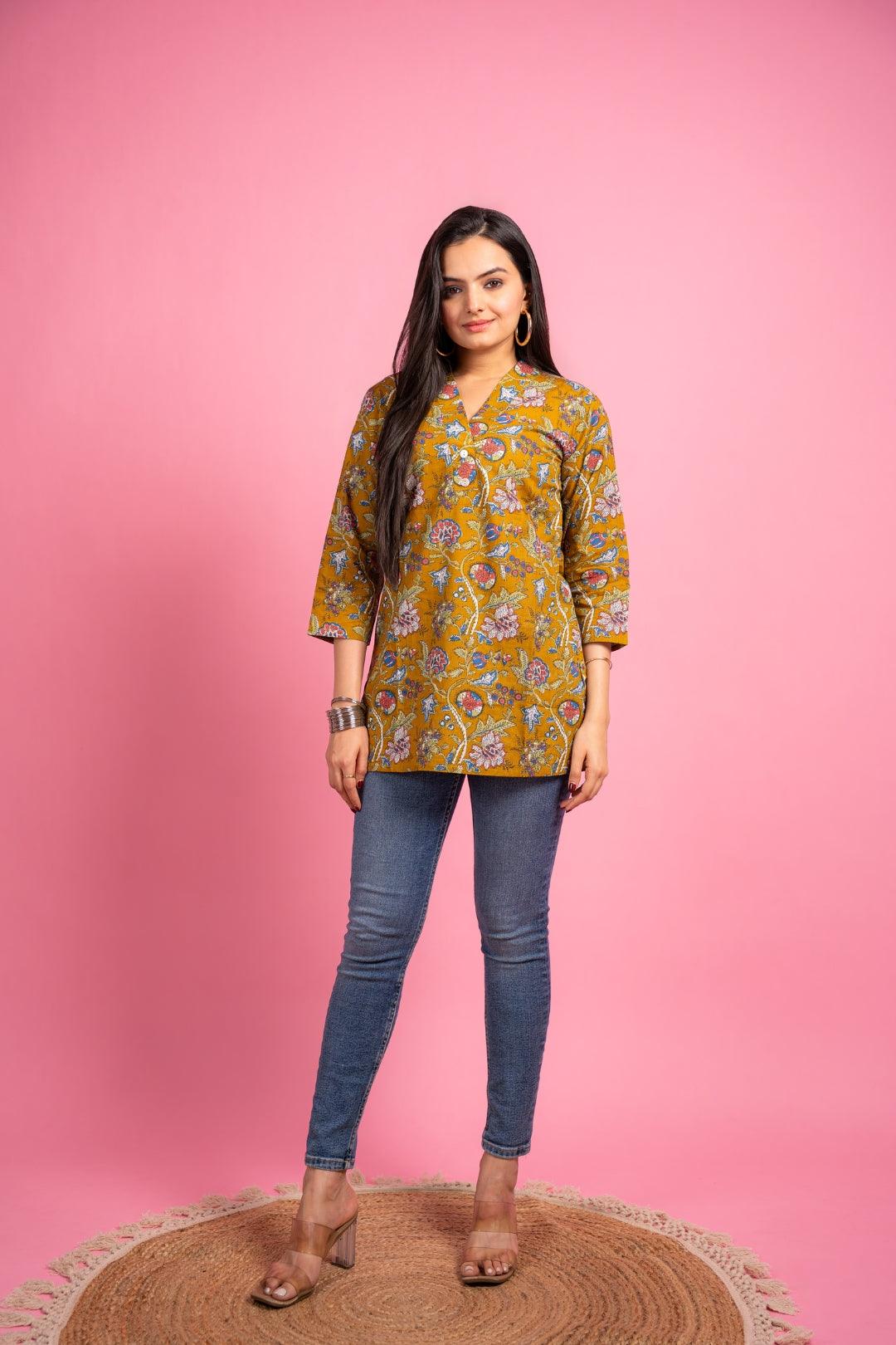 Ekisha's women designer mustard floral multicolor cotton tunic top short kurti, front view 4