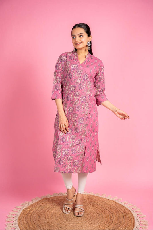 Ekisha women's cotton light pink floral printed angrakha kurta kurti - Ekisha
