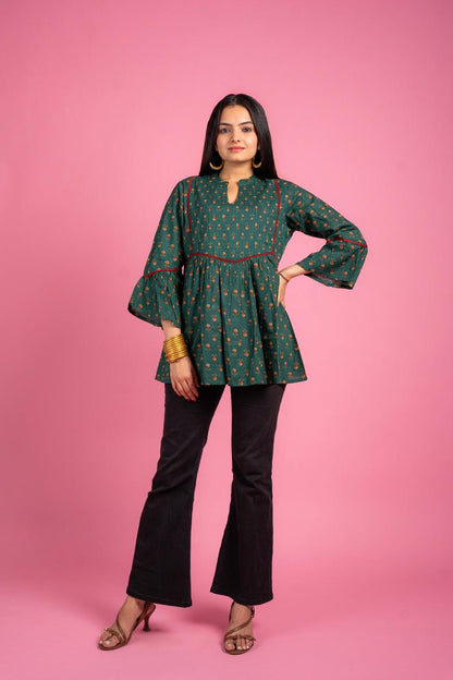 Ekisha's women designer dark rama floral printed cotton tunic top short kurti - Ekisha