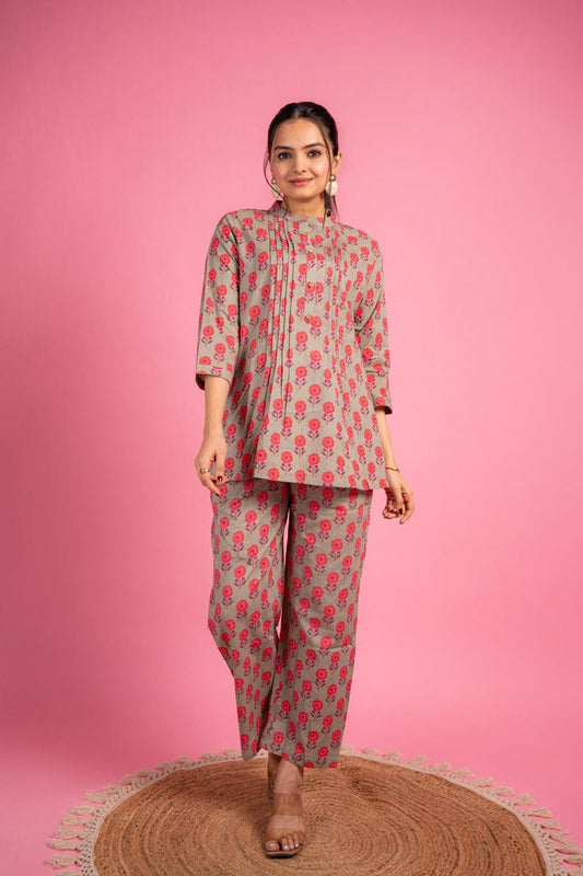 Ekisha's women light green multicolor floral printed cotton co-ord set lounge wear - Ekisha