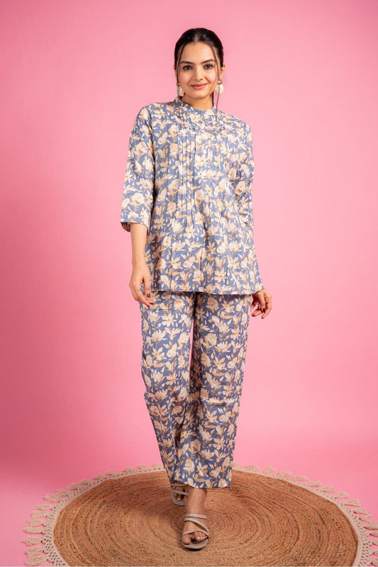 Ekisha's women grey multicolor floral printed cotton co-ord set lounge wear - Ekisha