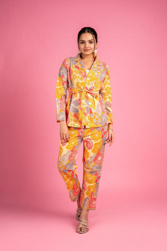 Ekisha's women muslin printed yellow floral co-ord set - Ekisha