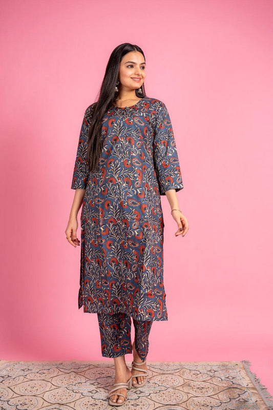 Ekisha's women dark blue designer multicolor floral printed cotton co-ord set kurta set - Ekisha
