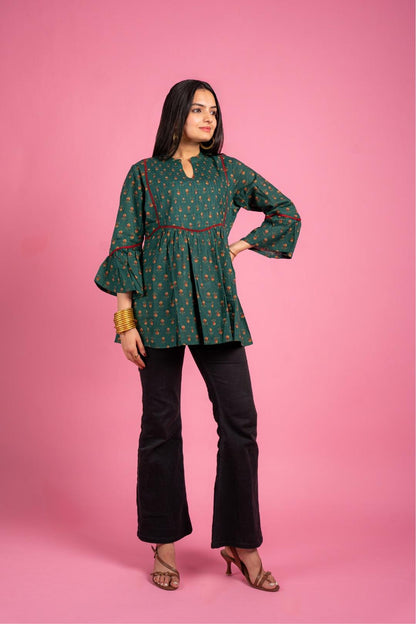 Ekisha's women designer dark rama floral printed cotton tunic top short kurti - Ekisha