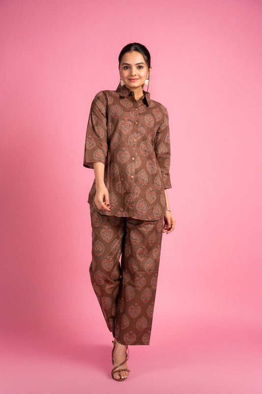 Ekisha's women brown beautiful multicolor floral printed cotton co-ord set lounge wear - Ekisha