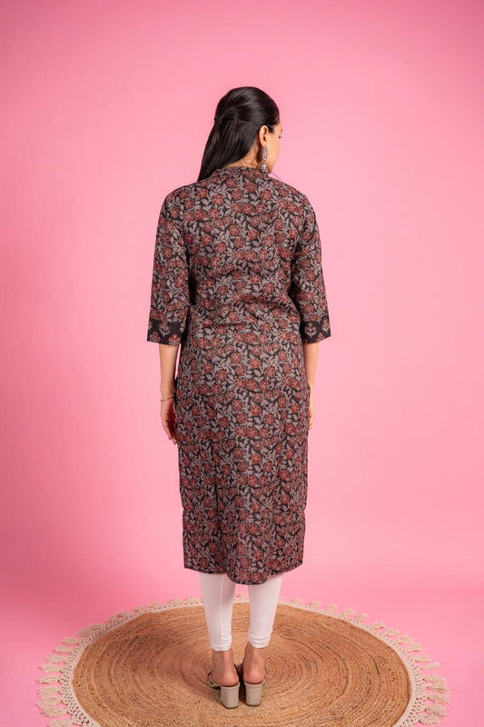 Ekisha women's cotton black floral printed angrakha kurta kurti - Ekisha