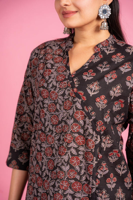 Ekisha women's cotton black floral printed angrakha kurta kurti - Ekisha