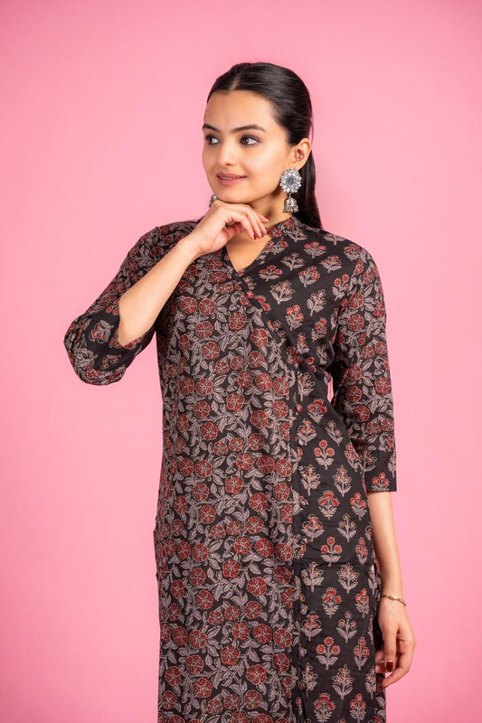 Ekisha women's cotton black floral printed angrakha kurta kurti - Ekisha