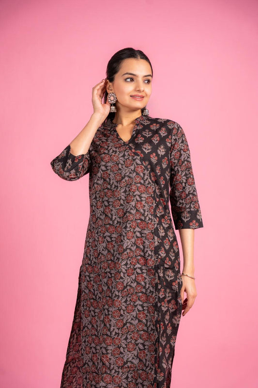 Ekisha women's cotton black floral printed angrakha kurta kurti - Ekisha