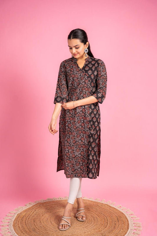 Ekisha women's cotton black floral printed angrakha kurta kurti - Ekisha