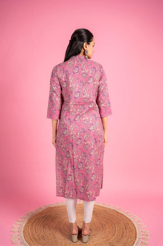 Ekisha women's cotton light pink floral printed angrakha kurta kurti - Ekisha