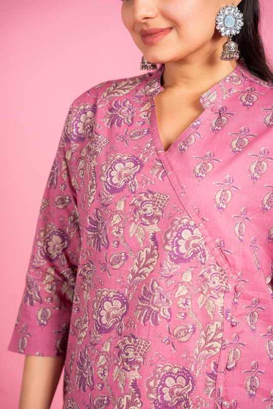 Ekisha women's cotton light pink floral printed angrakha kurta kurti - Ekisha