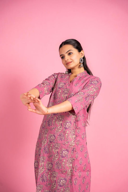 Ekisha women's cotton light pink floral printed angrakha kurta kurti - Ekisha