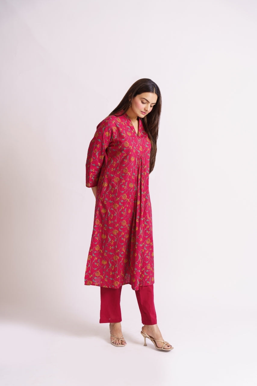Magenta floral print kurti with solid pants co-ord set
