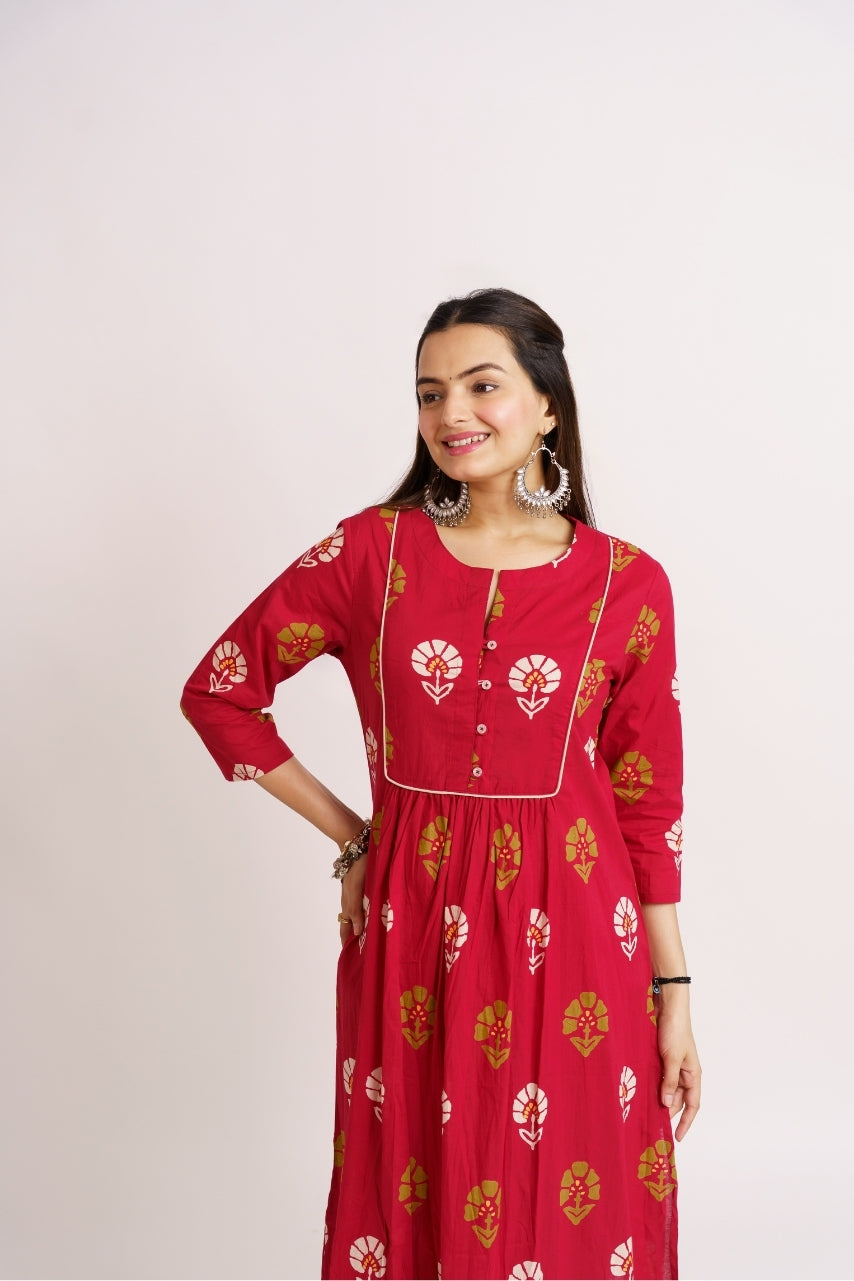 Gathered crimson red kurta with piped yoke detail