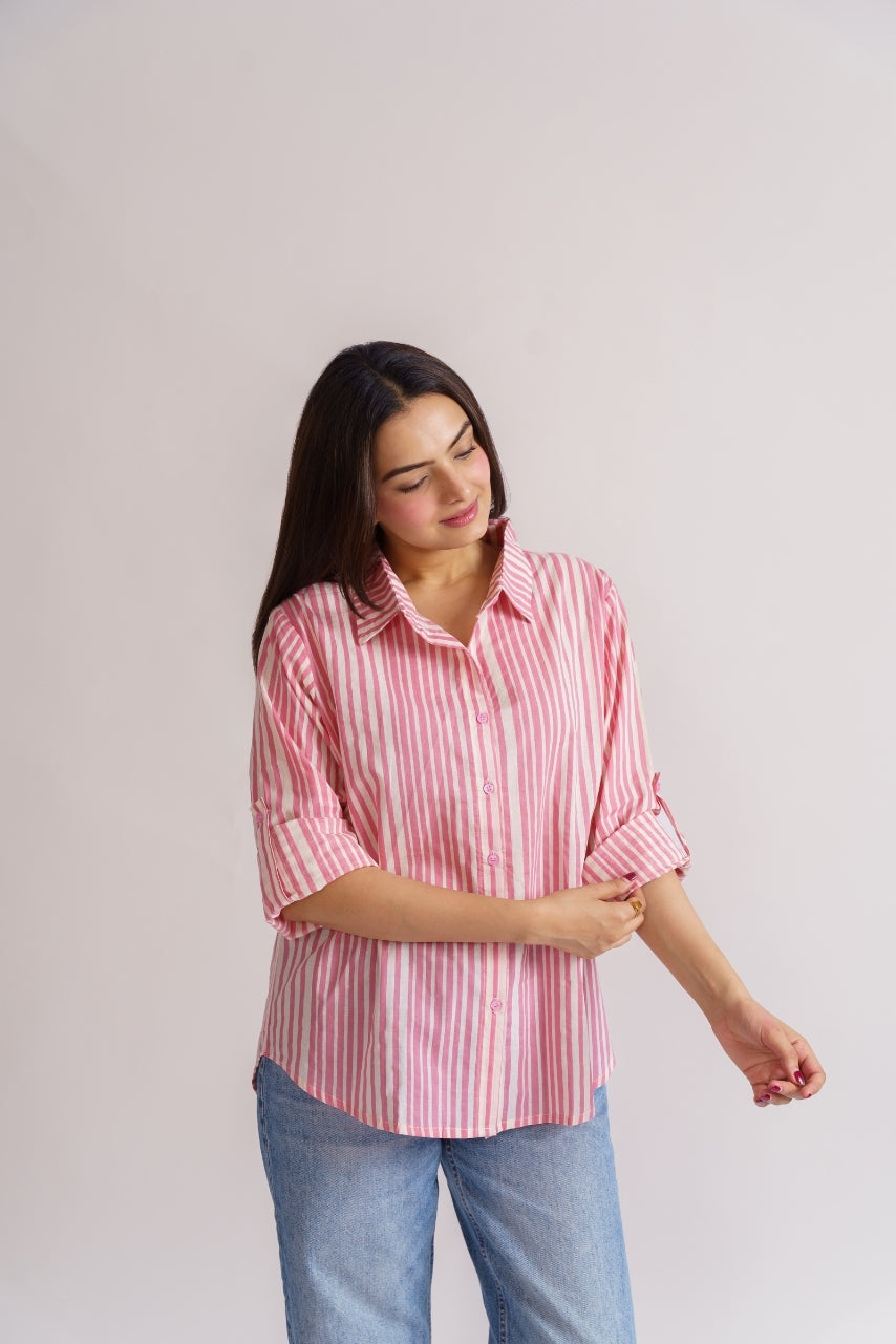 Pink and white striped shirt front view with roll-up sleeves