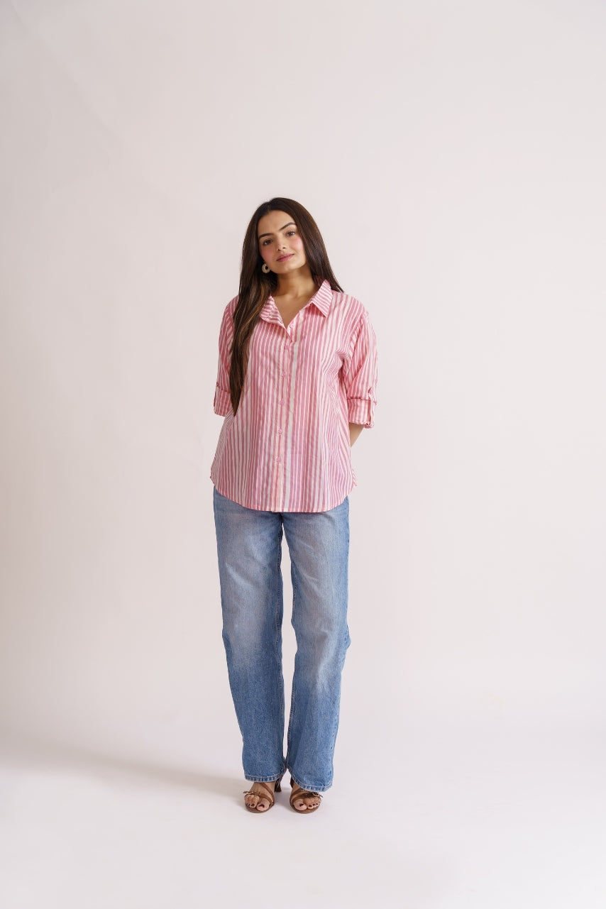 Women's pink striped shirt collar and button placket detail