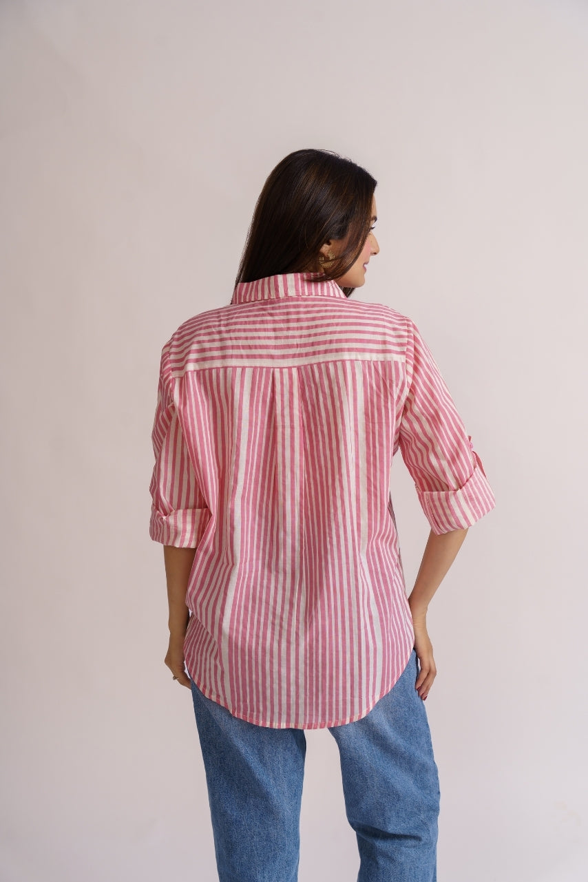 Cotton striped shirt sleeve rolled up with button tab