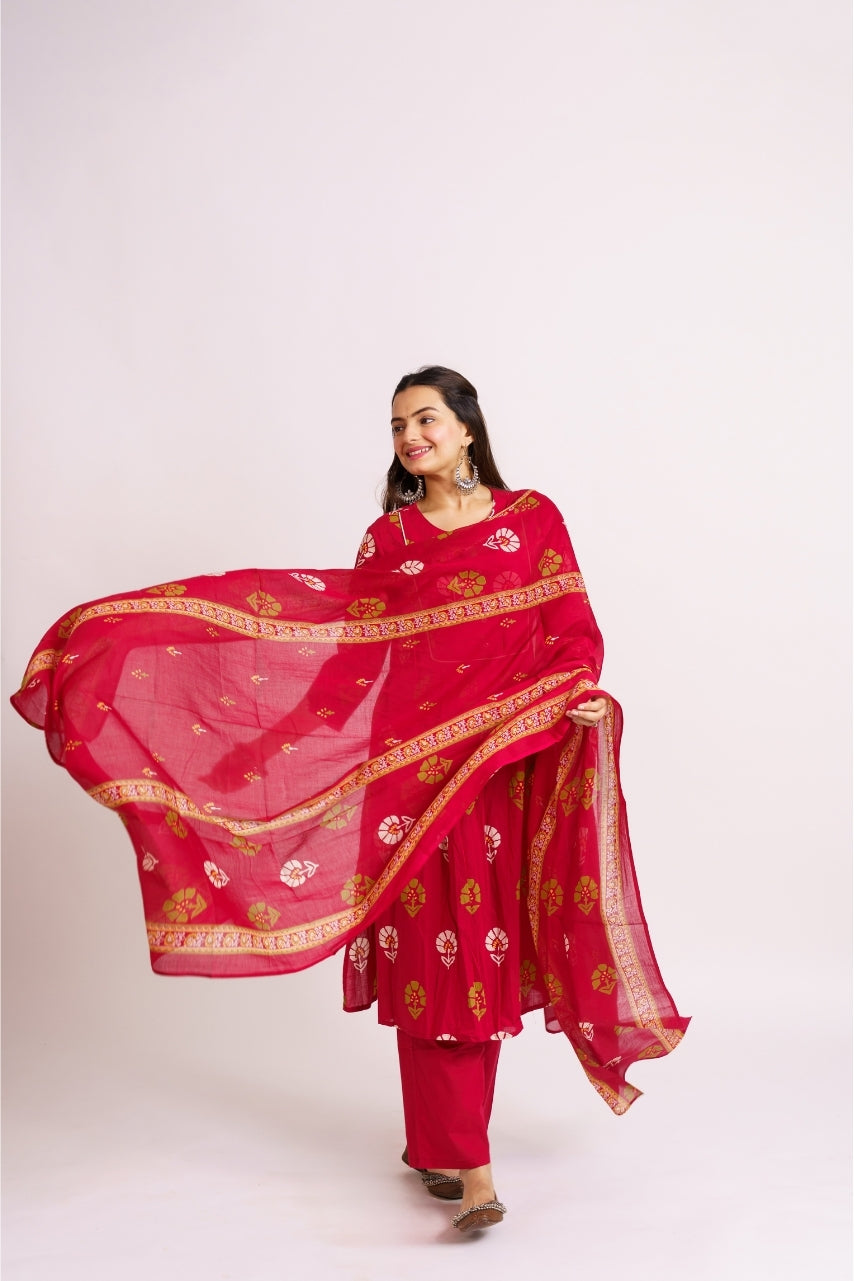 Crimson red cotton printed kurta set with dupatta for women