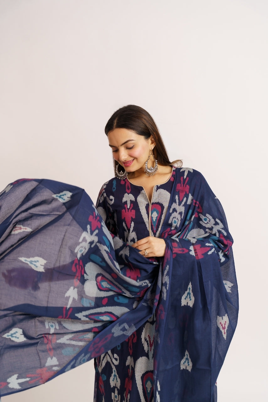 Pure cotton ethnic set styled with draped ikat print dupatta