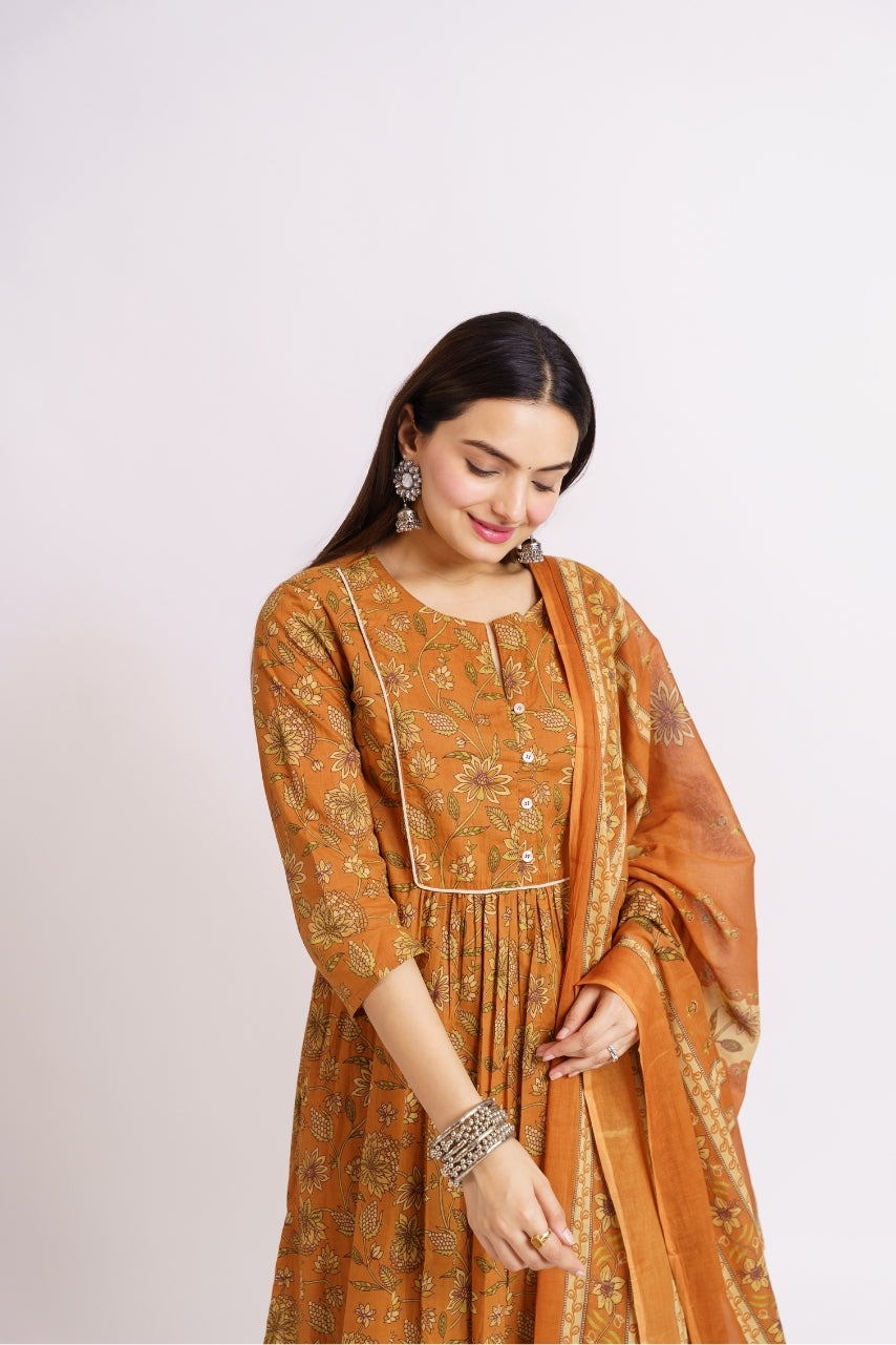 Pure cotton ethnic set styled with draped printed dupatta