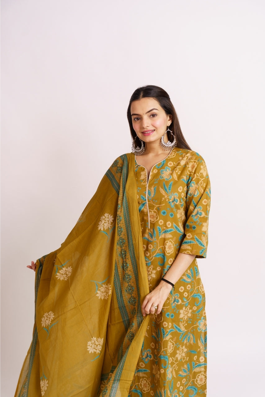 Pure cotton ethnic set styled with draped bordered dupatta