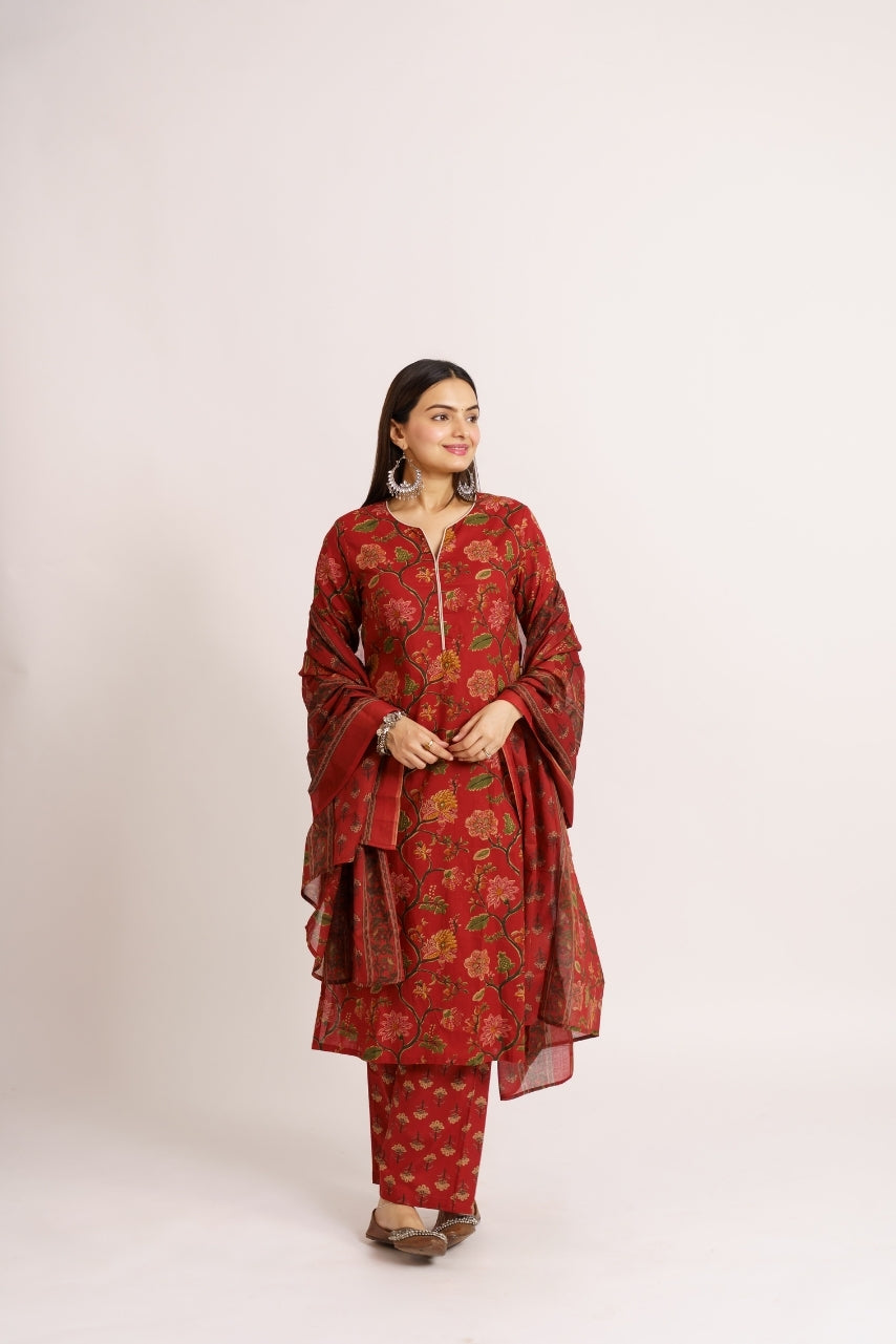 Pure cotton ethnic set styled with draped printed dupatta
