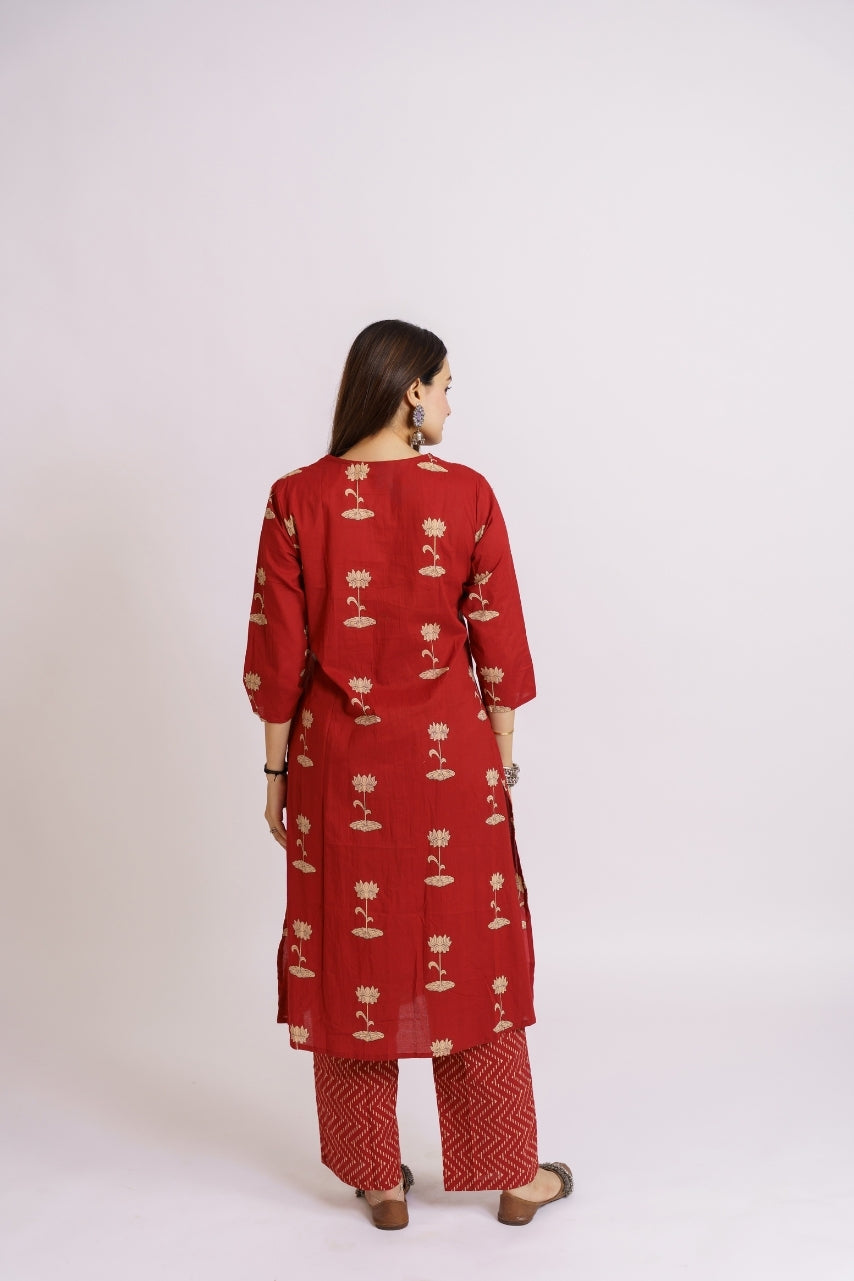 Anarkali style maroon kurta with contrast printed pants