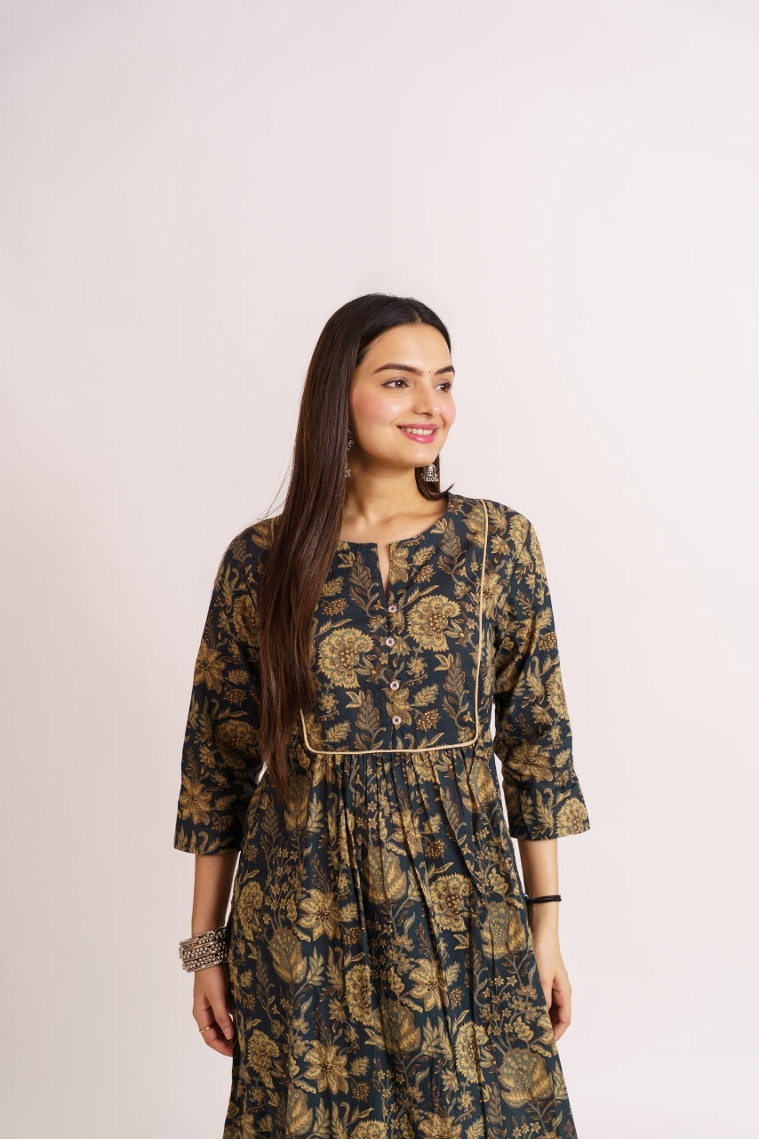 Charcoal printed kurta set styled with jhumka earrings