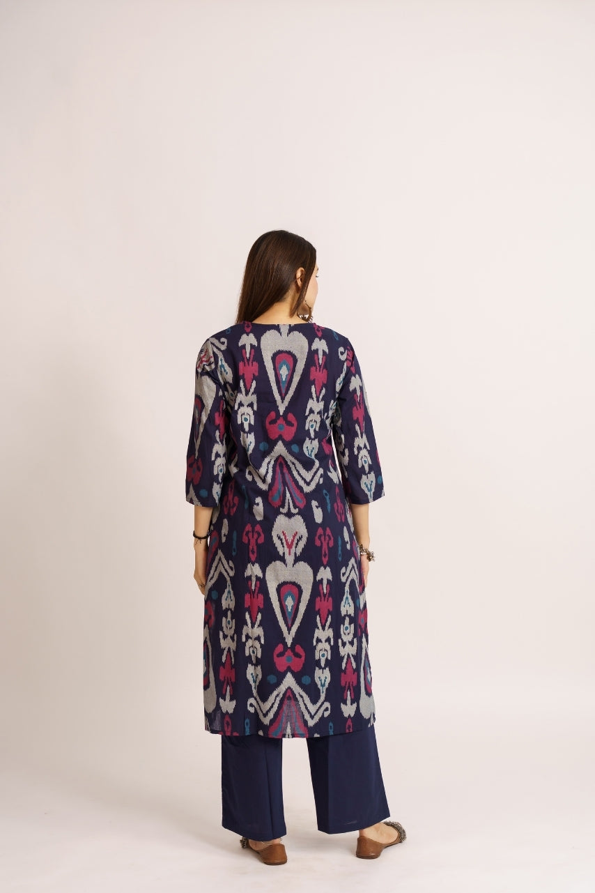 Pure cotton ethnic co-ord set with bold ikat pattern