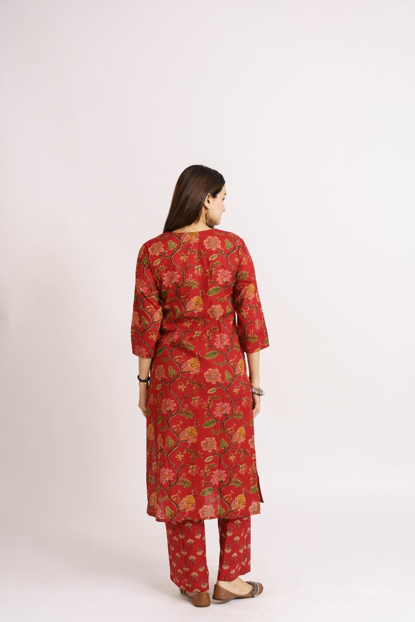 Straight cut red kurta with contrast piped neckline