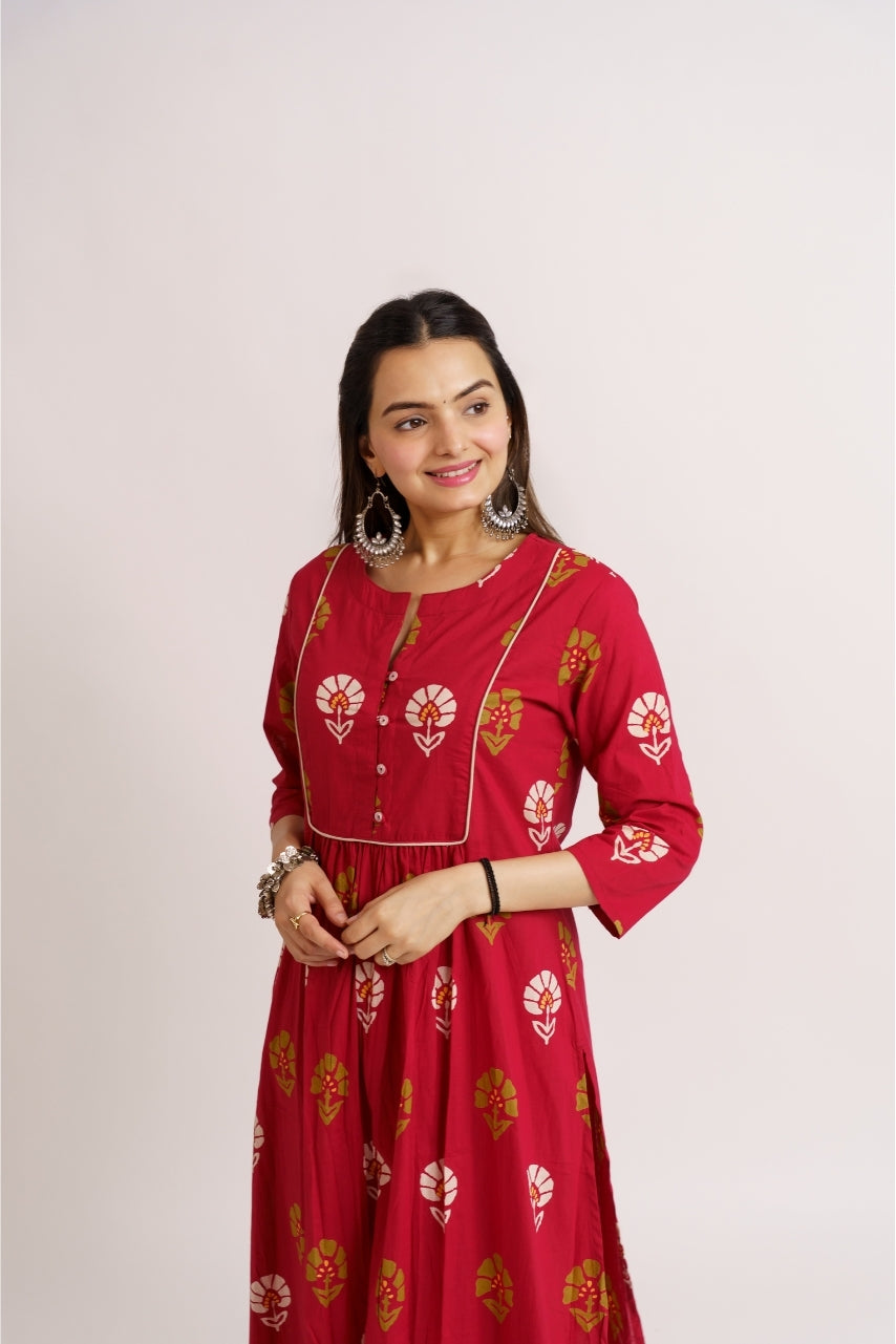 Pure cotton ethnic co-ord set with notched round neckline
