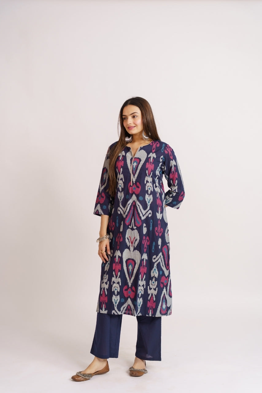 Navy ikat printed kurta styled with statement earrings