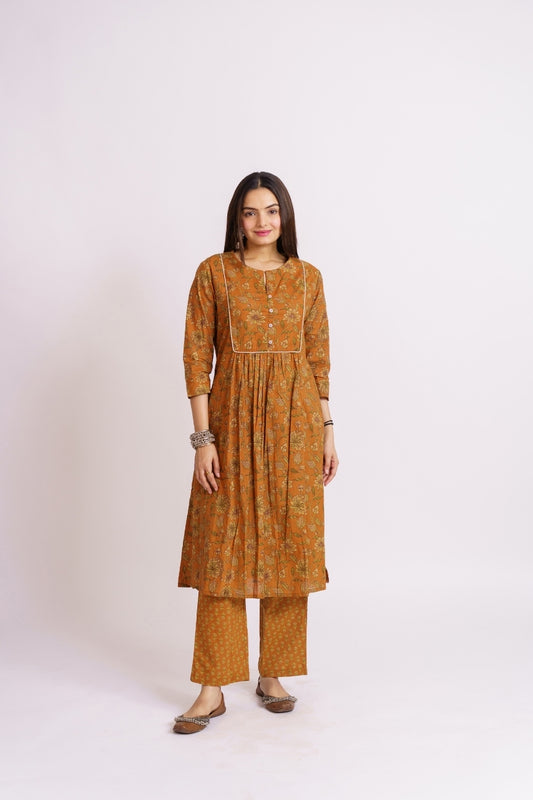 Mustard yellow cotton printed co-ord set for women front view