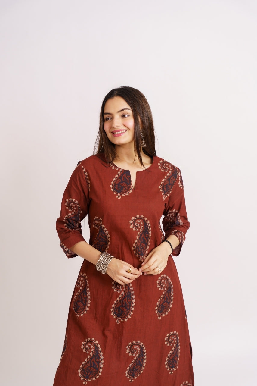 Straight cut rust red kurta with matching printed pants