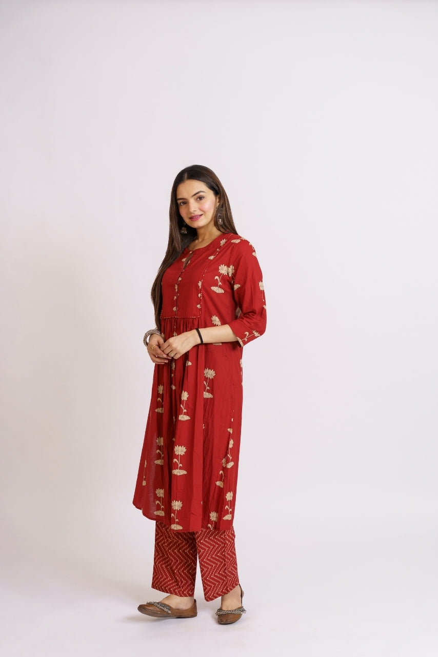 Pure cotton ethnic co-ord set with round neckline and buttons