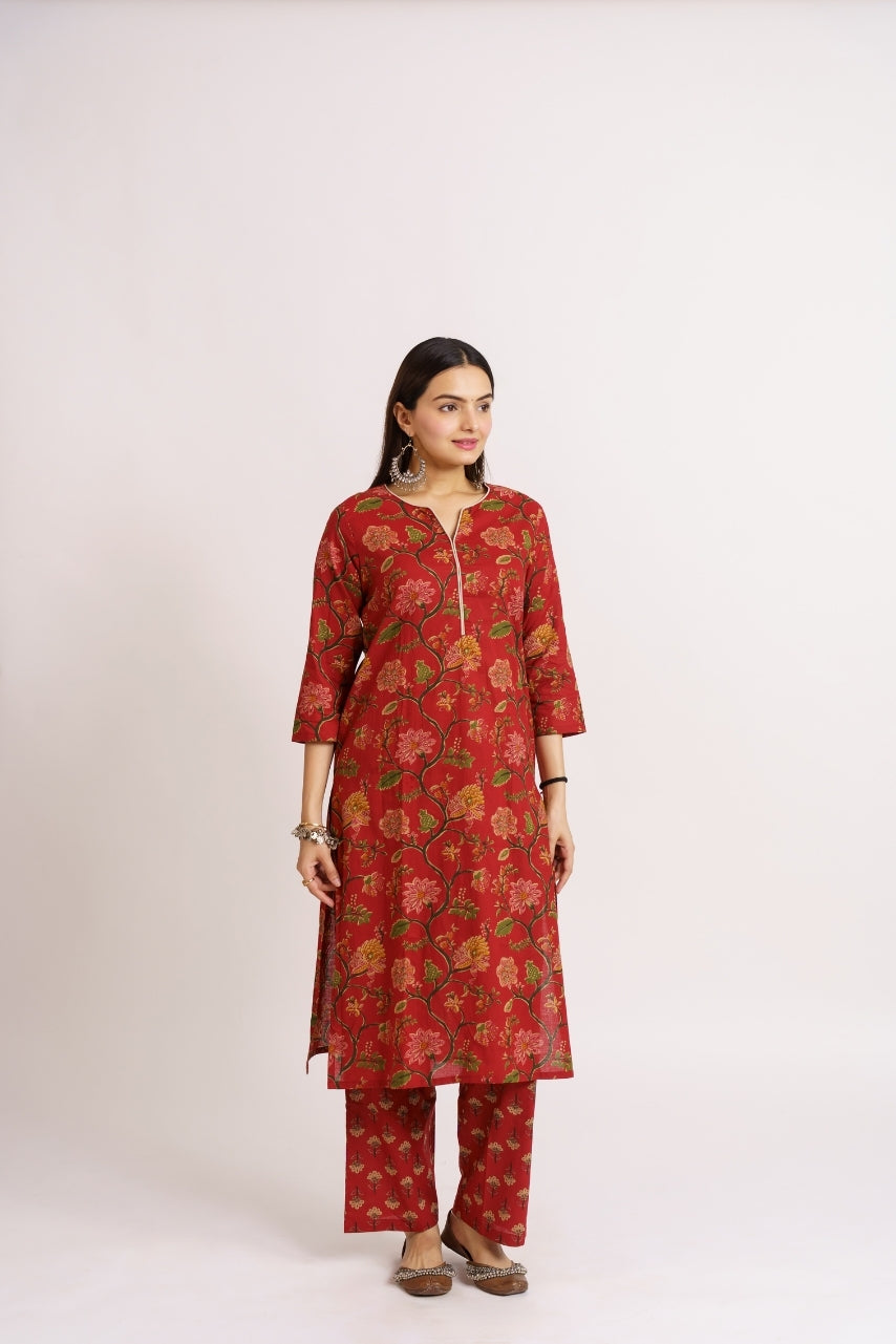 Red cotton printed co-ord set for women front view