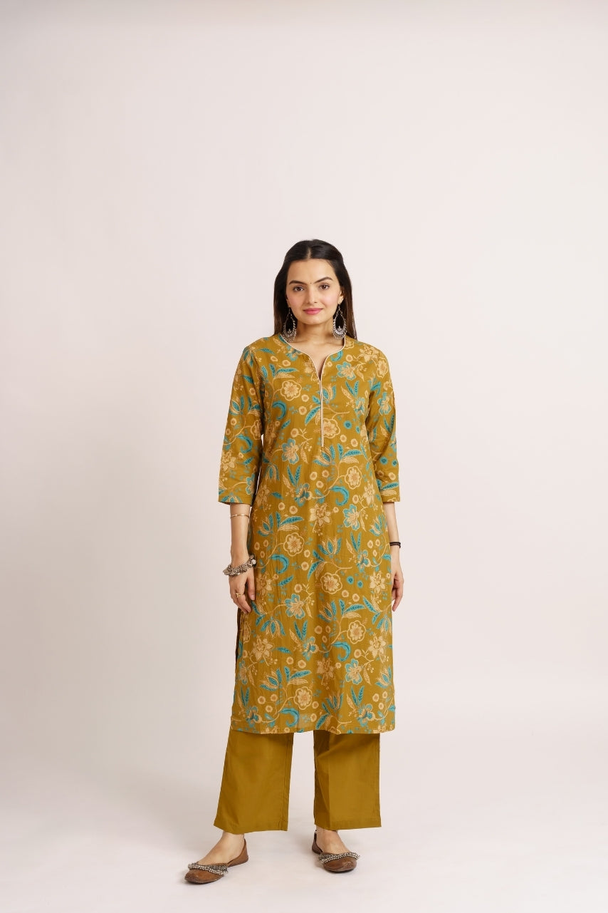 Olive mustard cotton printed co-ord set for women front view